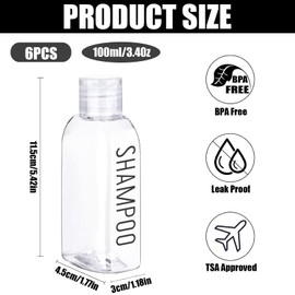 DtgEcd 6 Travel Bottles for Toiletries, 100ml Leakproof Reusable Travel Size Containers with Labels, TSA Approved for Carry-On Liquids, Ideal for Gym, Camping and Business Trips