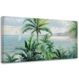 Anolyfi Palm Tree Picture Wall Art Christmas Thanksgiving Gifts for Kids Men Women, Tropical Seascape Canvas Painting Print Artwork for Living Room Bathroom Bedroom Kitchen Office Home Decor 48"x24"