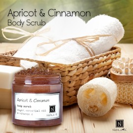 Apricot & Cinnamon Body Scrub Made in USA with Essential Oil and Vitamin C by Nabila K - Exfoliate and Moisturize for Smooth Skin - Luxury for Women & Men, 10 oz