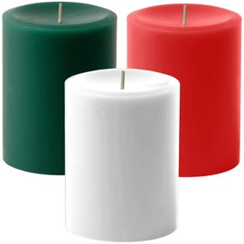 Mister Candle Dripless Unscented Pillar Candles, Set of 3 Hand Poured Solid Color Non-Scented Candles for Home Decor, Premium Wax, 60 Hr Burn Time - 3x4 Inch, Red - Green -White