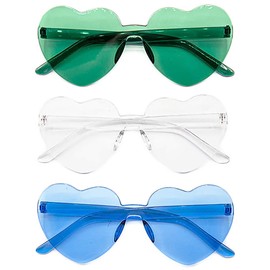 Set of 3 - Stylish Colorful Modern Chic Plastic Frameless Party Sunglasses UV 400 Protection (Clear, Blue & Green)