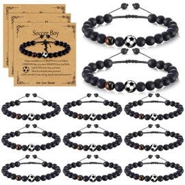 Loetere 12 Set Sport Adjustable Beaded Bracelets Gifts Football Softball Soccer Volleyball Golf Basketball Hockey Bracelets Stuff for Women Men Adjustable Beaded Bracelets Cards(Soccer,Black)