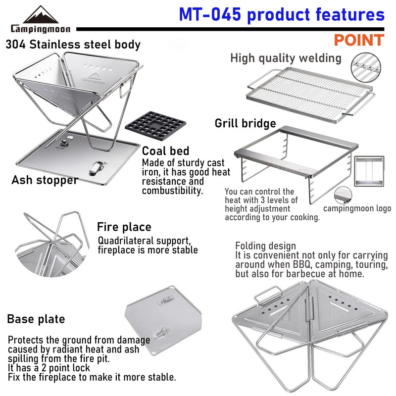 Campingmoon BBQ Grill Fire Pit Foldable Stainless Steel - Large