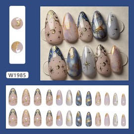 24Pcs Moon and Star Press on Nails Medium Almond French Tip Fake Nails Golden Stars Moon Flowers Designs Full Cover Glitter Stick on Nails Gold False Nails for Women Acrylic Nail Decorations DIY