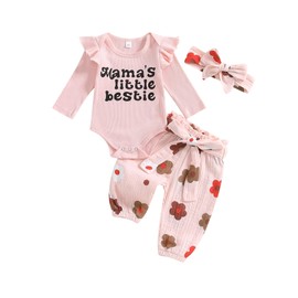 Edhomenn Baby Girls 3 Piece Fall Outfit Long Sleeve Romper and Floral Long Pants with Bow Headband (E-Pink, 0-3 Months)