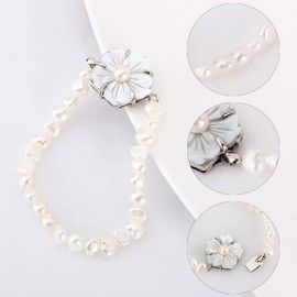 LGSY White Beaded Pearls Bracelet for Women, Shell Flower Clasp Freshwater Baroque Pearls Bracelet for Jewelry
