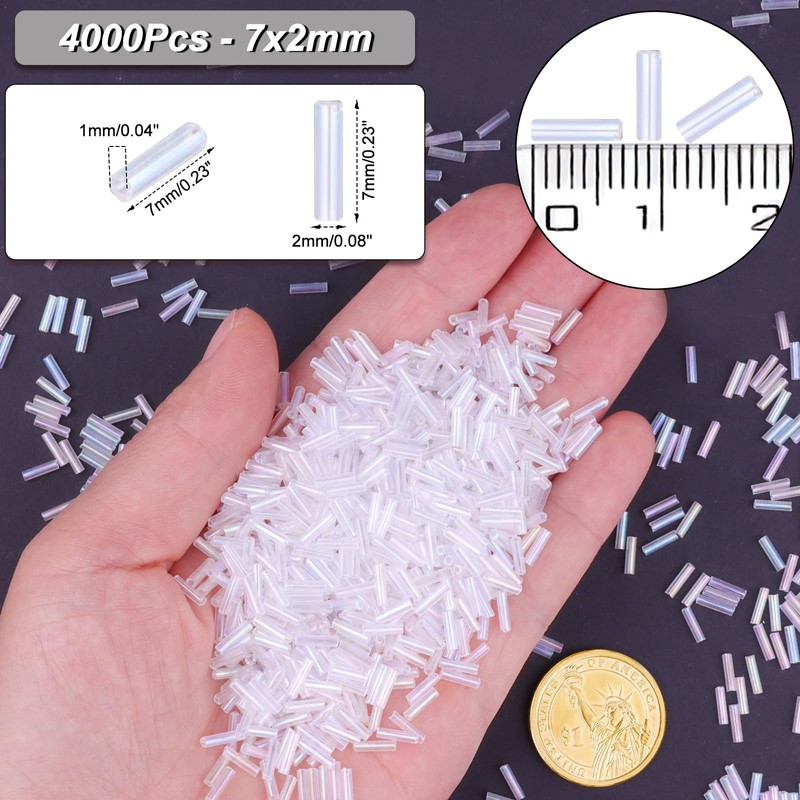 Soeoy 4000 Pcs Transparent White Glass Bugle Beads, 2 x