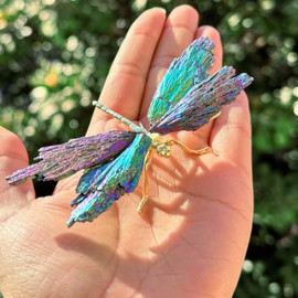 RJINGSHI Dragonfly Statue Natural Electroplated Tourmaline Dragonfly Decor Collection Natural Home Decor Healing Crystals Colorful Dragonfly Gift for Women (Gold Colorful,Small Size)