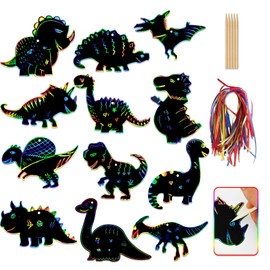 12 Pcs Dinosaur Scratch Art Paper,Animal Scratch Art for Kids Bookmarks with Wooden Stylus and Ribbons,Scratch Art Paper Dinosaur Magic Craft Art Kits,Rainbow Color Scratch Card for Classroom Gifts