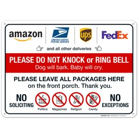 Do Not Knock Or Ring Doorbell, Dog Will Bark Baby Will Cry, 10x14 Inches, Rust Free .040 Aluminum, Fade Resistant, Easy Mounting, Indoor/Outdoor Use, Made in USA