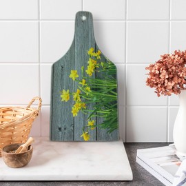 Ambesonne Yellow Flower Cutting Board, Bouquet of Daffodils on Wood Planks Gardening Rustic Country Life Theme, Decorative Tempered Glass Cutting and Serving Board, Wine Bottle Shape, Yellow Grey