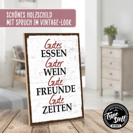 TypeStoff HS-00795 Wooden Sign with Saying - Food Drinking Friends - Vintage Look with Quote as Gift and Decoration on the Theme of Enjoyment and Kitchen