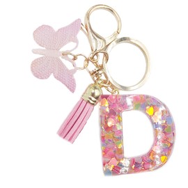 jtkdxqs Letter A-Z Keychain Pink Tassel Butterfly Key Ring for Women Backpack Handbags Pendant,Letter D