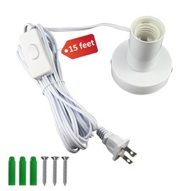 atiyoc White Metal E26/E27 Screw Light Socket with 15FT Extension Cord, Hanging Light Cord for Garage,80MM Small Table Lamp Base Ceiling Bulb Holder, On/Off Switch US Plug in Wire (1 Pack)