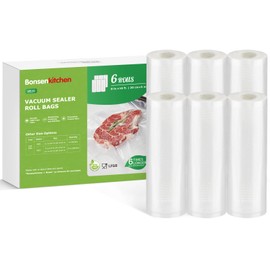 Bonsenkitchen Vacuum Sealer Rolls Bags, 6 Pack 8in*16ft Commercial Grade BPA Free Bag Rolls, Durable Customized Size Food Vac Bags for Storage and Sous Vide Cooking VB20