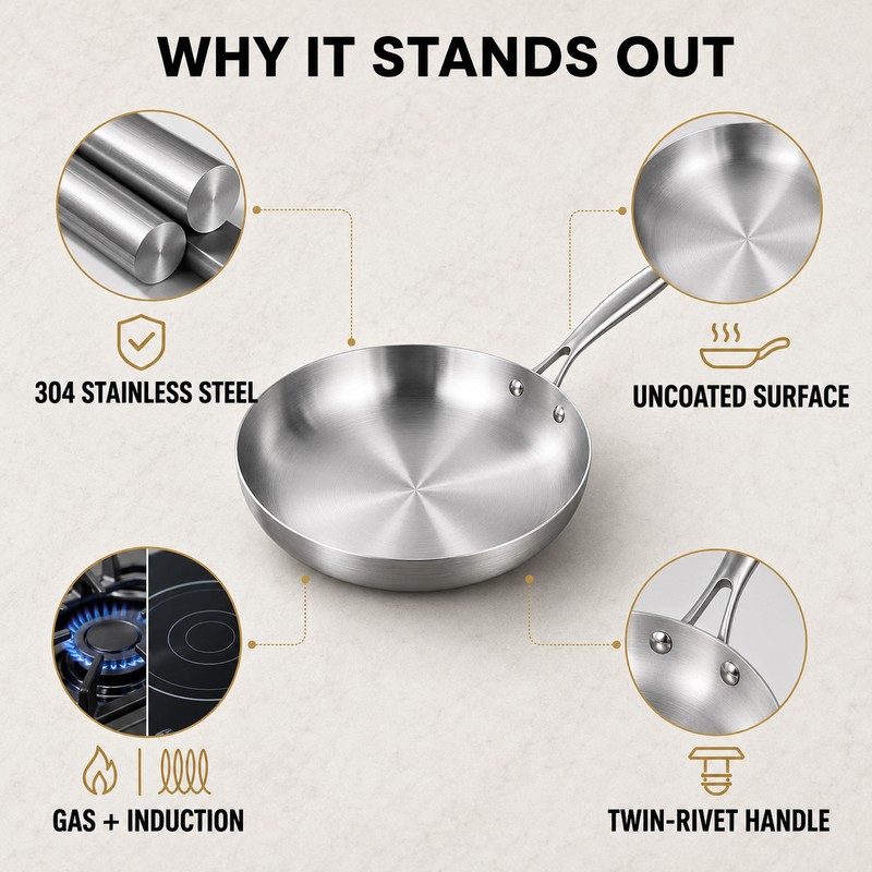 304 Stainless Steel Frying Pan, Uncoated 3-Layer Skillet for Gas