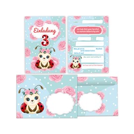 Junapack 12 Invitation Cards with 12 Envelopes for 3rd Children's Birthday Girl Ladybird