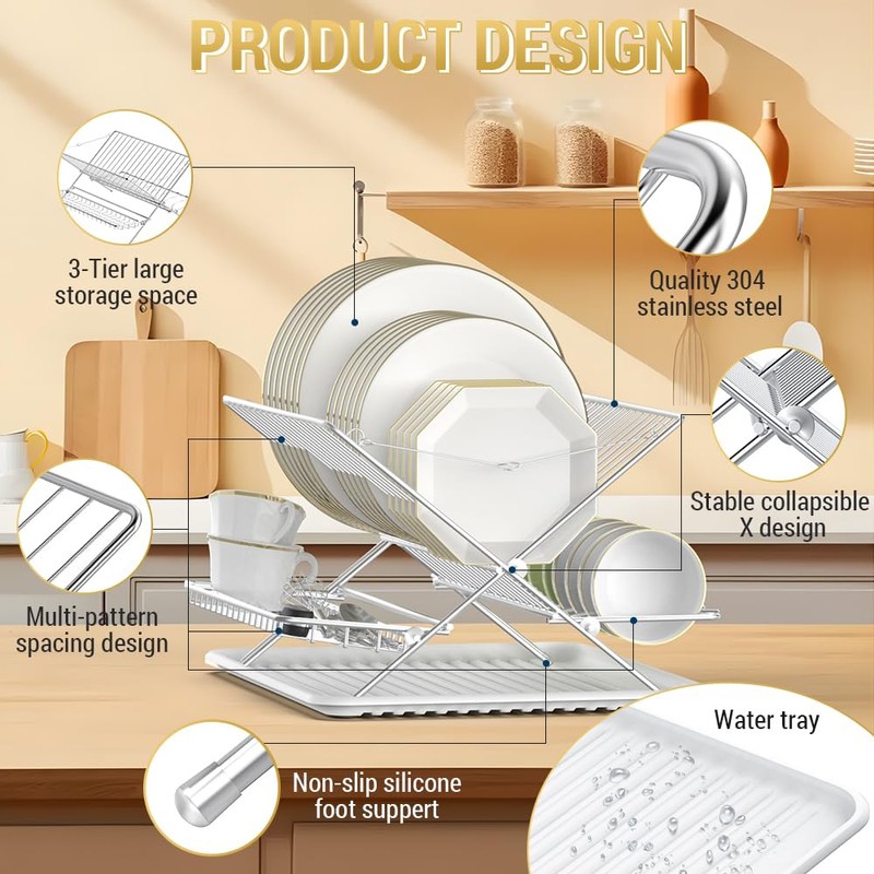 TABABAO Over The Sink Dish Drying Rack, Collapsible 3 Tier