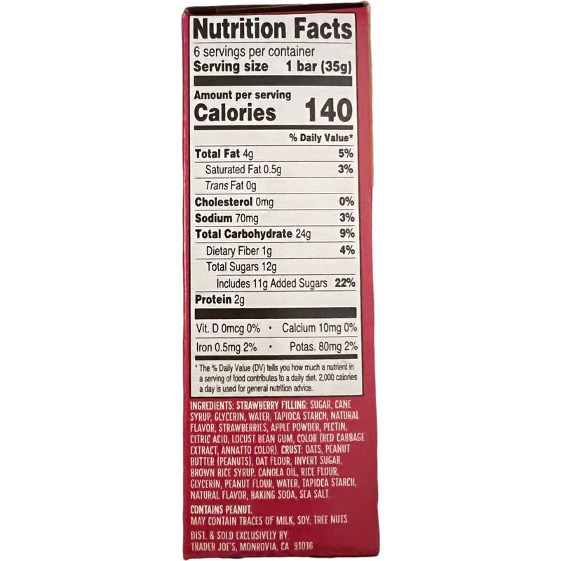 Trader Joe's PB&J Peanut Butter Strawberry Fruit Oat Bar Gluten