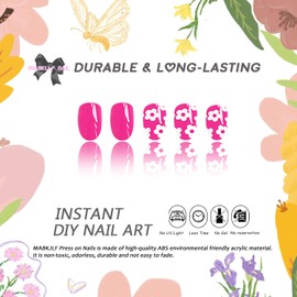 Hot Pink Press on Nails Short Almond White Flower False Nails with Designs Full Cover Cute Fake Nails Glossy Glue on Nails Acrylic Nails Handmade Manicure Artificial Nails for Women Girls 24Pcs