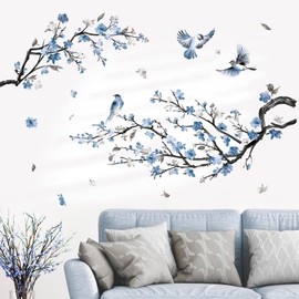 decalmile Watercolor Blue Flower Branch Wall Decals Blossom Tree Branch Floral Wall Stickers Bedroom Living Room Sofa TV Background Wall Décor