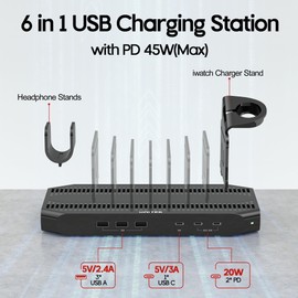 Unitek 2025 USB PD Charging Station, 6 Ports, PD20W, 2+ USB-C x 1, Desktop Charging Stand, 60 W, PSE Certified, 6 Devices Simultaneously Charging, 1.5A, 2.4A, 3A, Smart IC, Compatible with Multiple