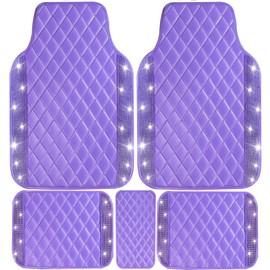 NBTEPEM Bling Leather Car Floor Mats Full Set, Sparkly Diamond Car Mats Universal Fit Most Automotive, Glitter Rhinestone Carpet Waterproof Anti-Slip (Purple Leather Diamond)