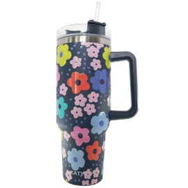 KATYDID 40oz Stainless Steel Travel Tumbler with Handle and Straw - All Day Hot or Cold for Water or Iced Coffee, Dishwasher Safe, Perfect Mom Gift from Daughters