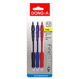 Dong-A Fine-Tech RT Gel Ink Roller Ball Pens, 0.3mm, Assorted Colors, 3-Pack