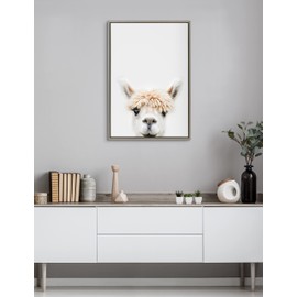 Kate and Laurel Sylvie Alpaca Bangs Framed Canvas Wall Art by Amy Peterson Art Studio, 23x33 Gray, Decorative Adorable Animal Art for Wall