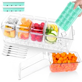 Chilled Condiment Server Tray,Bar Fruit Caddy with Lid and 5 Removable Compartments,Clear Ice Condiment Serving Tray for Party,Toppings Bar Container（2pcs Ice Cube Tray）