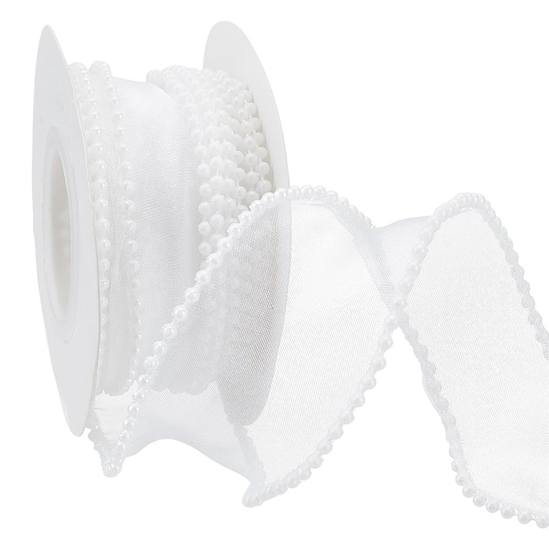 FINGERINSPIRE 4.5M White Sheer Wired Ribbon with Pearl Edges 40mm