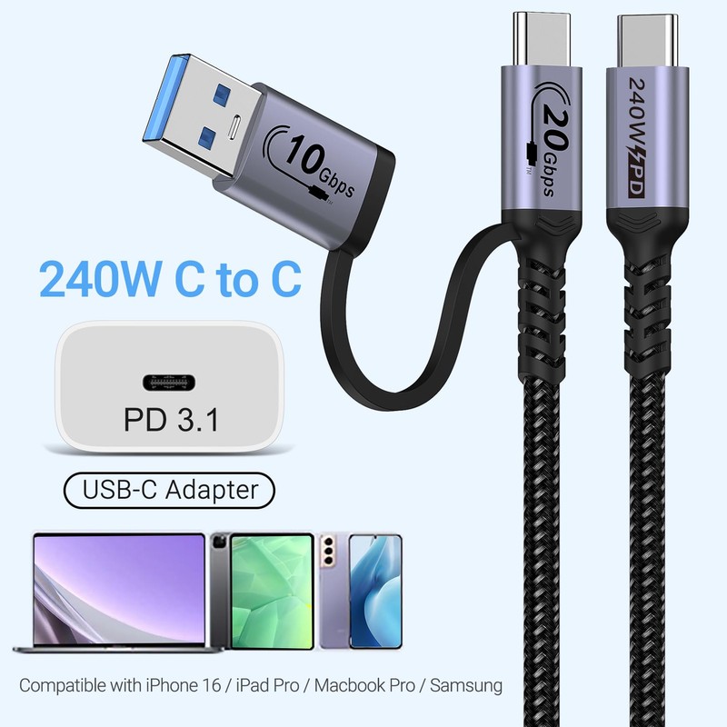 JBTOP 20Gbps Android Auto USB C Cable 2-in-1 [1ft, 2Pack]