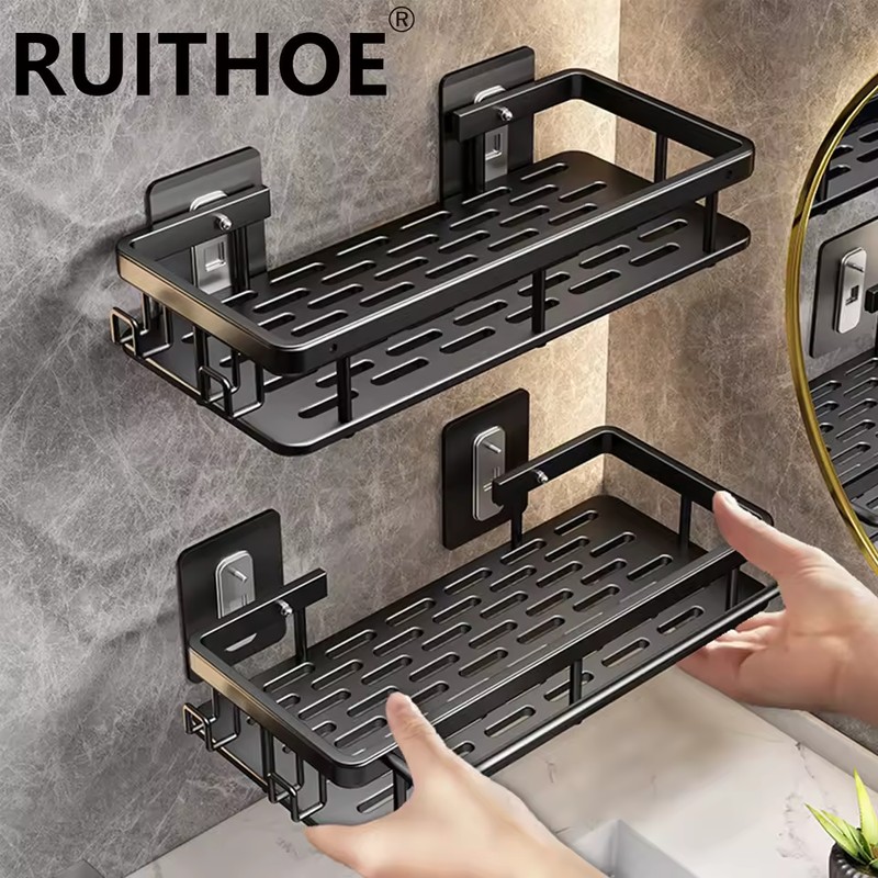Black Aluminum Bathroom Storage Rack with Suction Cup Wall Mounted