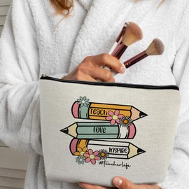 Supwhd Teach Love Inspire Teacher Makeup Bag Cosmetic Bag, Teacher Life Teacher Zipper Pouch, Kindergarten Daycare Preschool Teacher Appreciation Gifts for Women, Teacher Small Makeup Bag for Purse