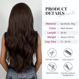 YOUGRACE Dark Brown Wig with Bangs, Wavy Wigs for Women Synthetic Hair Wig for Daily Party Use 26 Inch