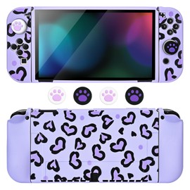 DLseego Love Case Design for Switch OLED Console 2021, Anti-Slip Shock-Absorption Plastic Protective Soft Carrying Case and Joy Con Controller with 4 PCS Cat Paw Thumb Grips Caps - Heart Purple