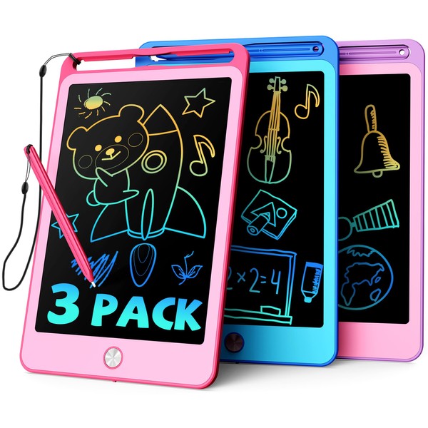 TEKFUN 3 Pack 8.5 Inch Erasable Colourful LCD Writing Board Children with Lanyard, Travel Learning Toy for Toys from 3 4 5 6 7 Years Boys Girls Gifts, Gifts for Christmas (Blue Pink Purple)