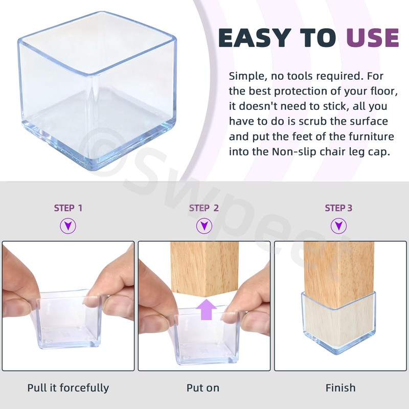 Swpeet 20Pcs 1-3/16"×1-3/16" Clear Square Chair Leg Caps, Floor Protectors,