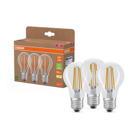 Osram Osram Hocheffiziente LED Lampen mit Energieeffizienz Klasse A, Vorteilspack mit 3 Leuchtmittel, ersetzt herkömmliche 60W Glühbirnen, Birnenform, warmweiß(2700K), E27, Filament Glas