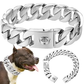 Heavy Duty Gold Dog Chain Collar for Large Dogs 32mm Wide Strong Stainless Steel Chew Proof Solid Cuban Link Dog Chains Training Walking Collars for Bully Pitbull Big Breeds(Silver,18inches)