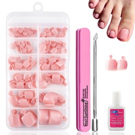 Light Pink Fake Toe Nails - 120PCS Short Square False Toenails Kit with Glue - Cute Solid Color Toe Press on Nails for Women Girls - Summer Glossy Full Cover Toenails Acrylic for Decoration