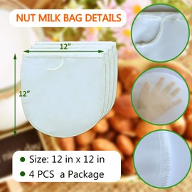 4 Pack Nut Milk Bag for Straining 12”x12”, Reusable Cheesecloth Bag, 200 Mesh Nylon Food Strainer, Fine Mesh Nut Bag for Almond,Oat, Soy Milk, Fruit & Vegetable Juice,Cheese, Yogurt,Soup