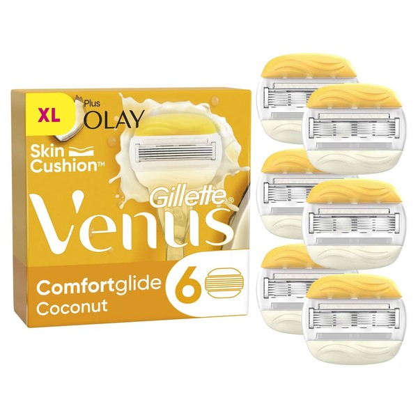 Gillette Venus ComfortGlide Coconut with Olay Razor Blades Women, Pack of 6 Razor Blade Refills with a Touch of Olay Moisture
