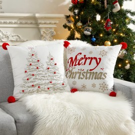 Lewondr Christmas Throw Pillow Covers, 2 Pack Christmas Letter Snowflake Christmas Tree Embroidery 18x18 Pillowcases Home Xmas Decorative Soft Cushion Covers for Sofa Bed Chair