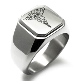 Stainless Steel Caduceus Staff of Hermes Symbol Engraved Square Flat Top Biker Style Polished Ring, Size T 1/2