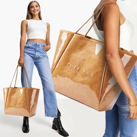 KALIDI Large PVC Tote Bag Women Weekender Hobo Bag Travel Purse Trendy Kraft Paper Oversize Shoulder Handbag for Work College Beach