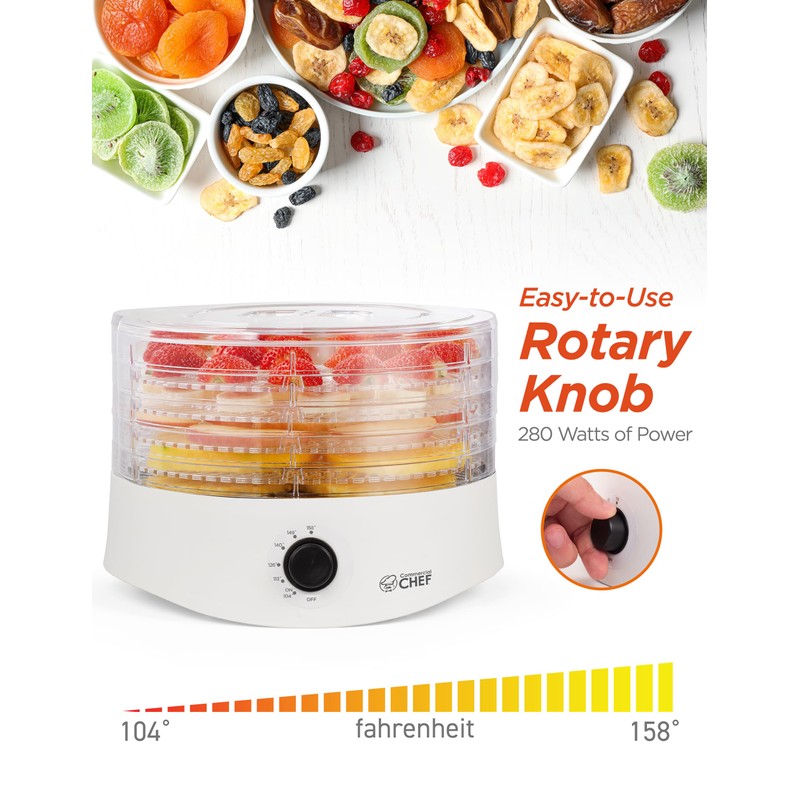 Commercial Chef Food Dehydrator, Five 9.25” BPA-Free Plastic Trays, Dehydrates