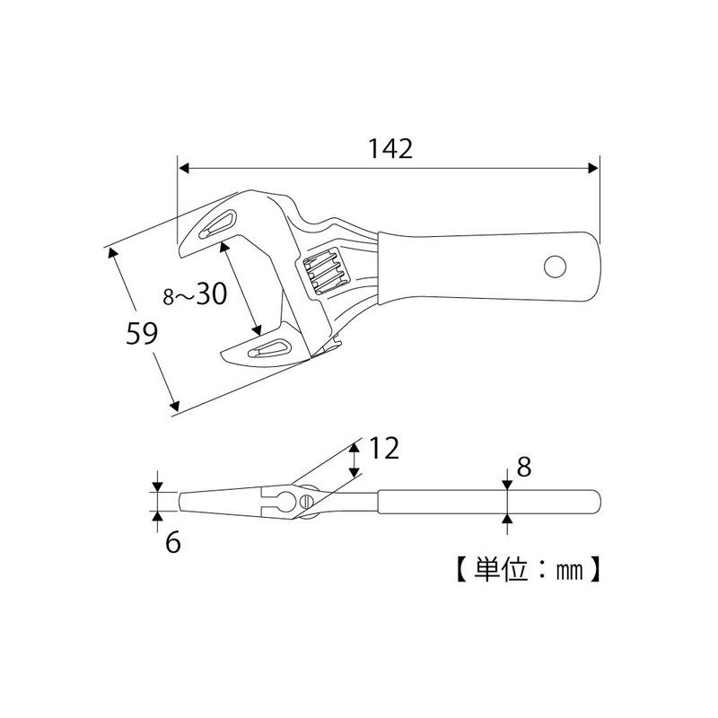 Thin Lightweight Wide Monkey Wrench, Short Eco Wide, Opening Dimensions
