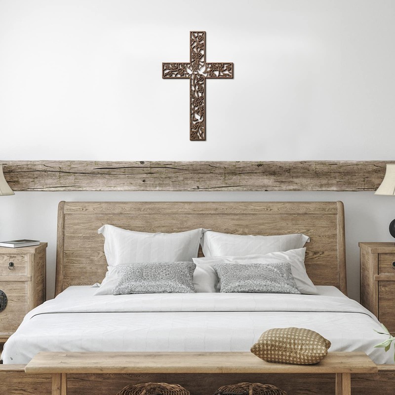 Yookeer 木製壁掛け十字架 花 鳩 宗教的 家庭 リビングルーム 装飾 素朴な木製十字架 装飾壁クロス
